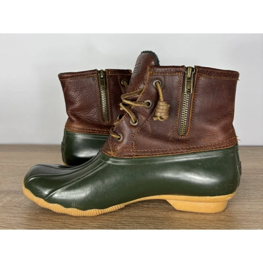 Sperry Top-Sider Duck Boots Womens 7 Brown Leather Green Waterproof Fleece Zip